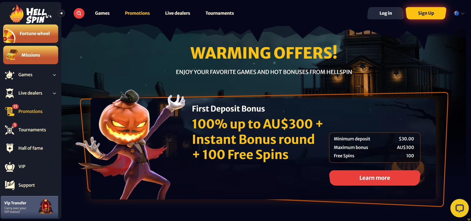 Hell Spin welcome bonus section on the casino site