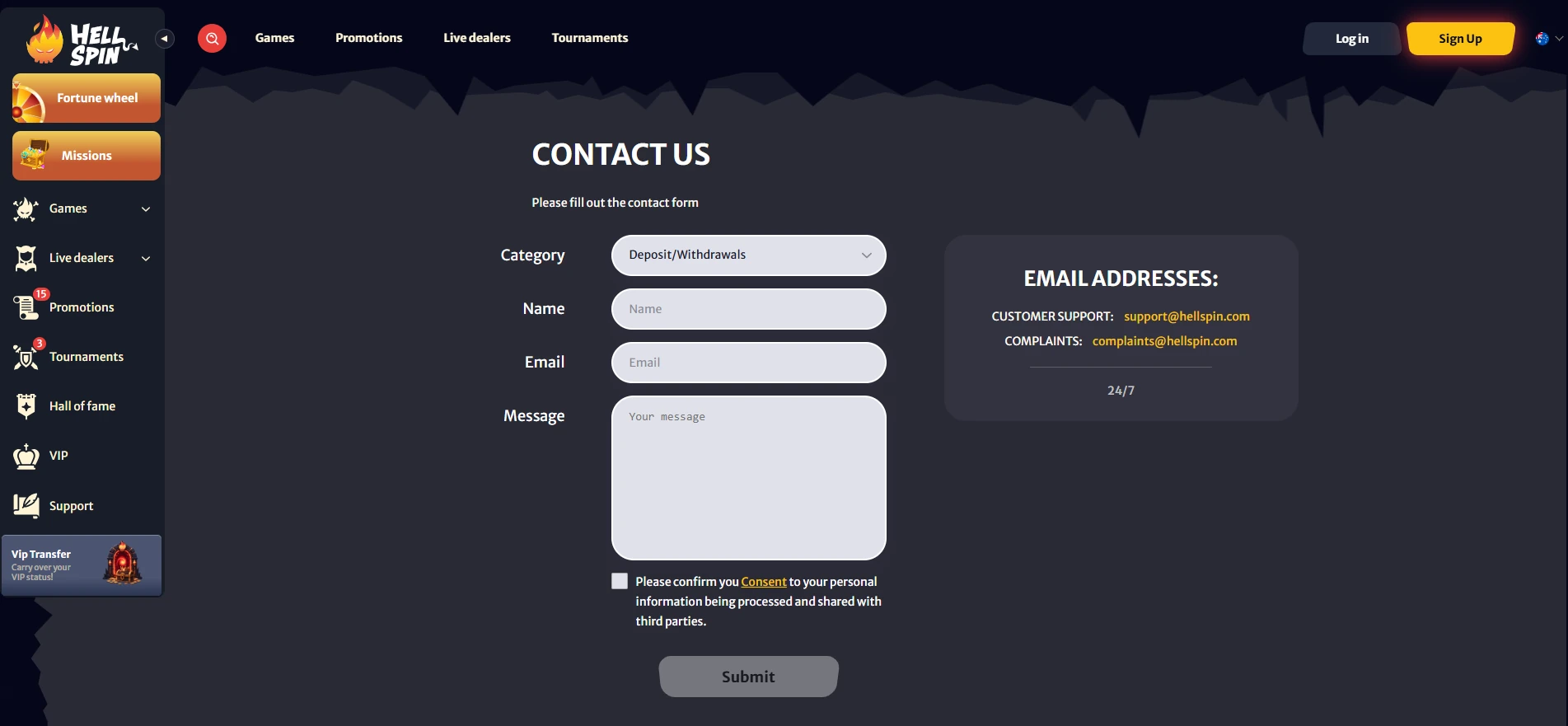 Hell Spin contact page with live chat and email options