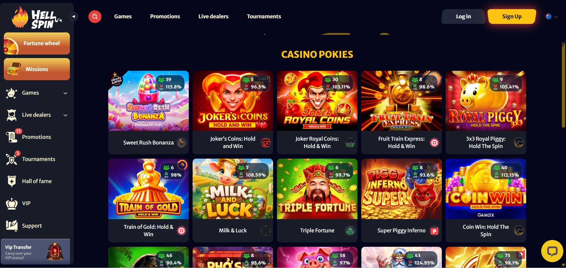 Hell Spin games lobby with pokies and category tabs