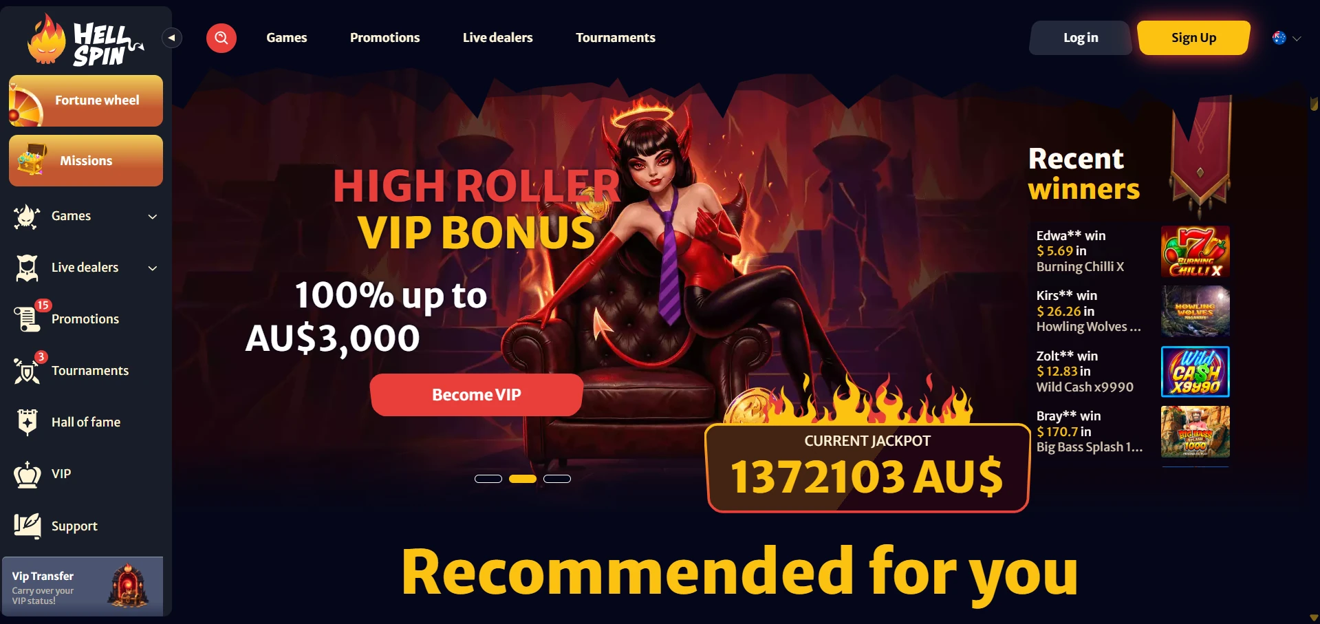 Hell Spin Casino home page on desktop with the game lobby