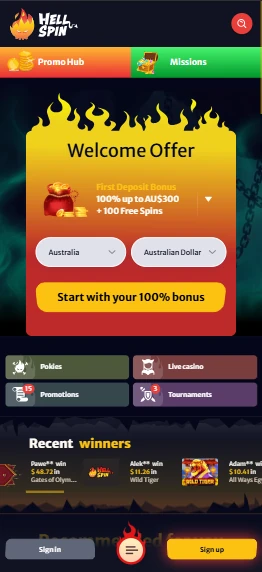 Hell Spin Casino mobile lobby on a smartphone screen